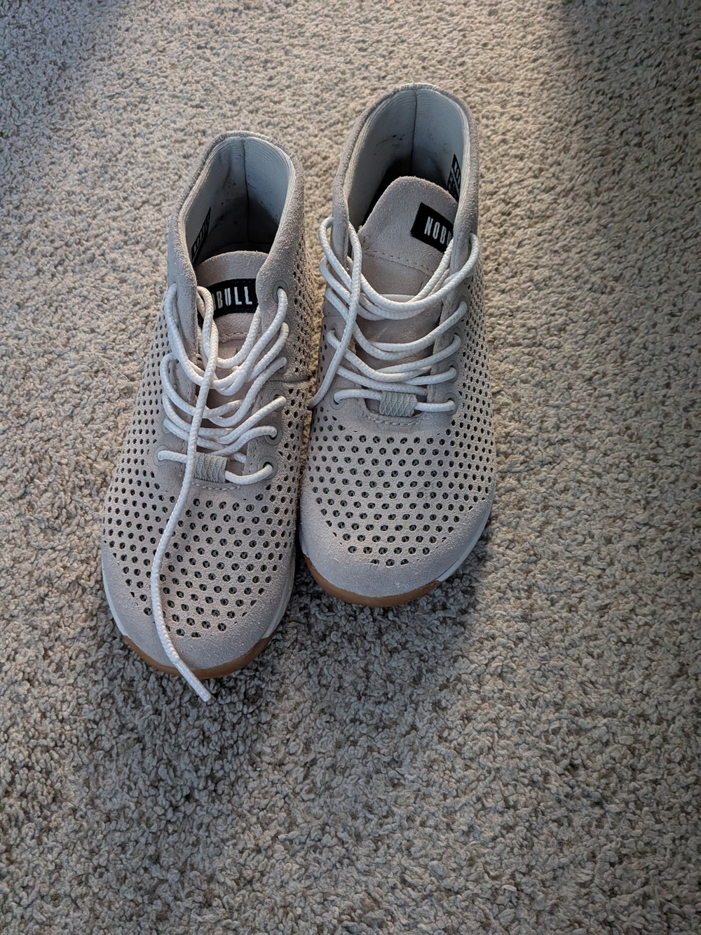 NOBULL Perforated Suede Trainer in Beige with Gum Sole